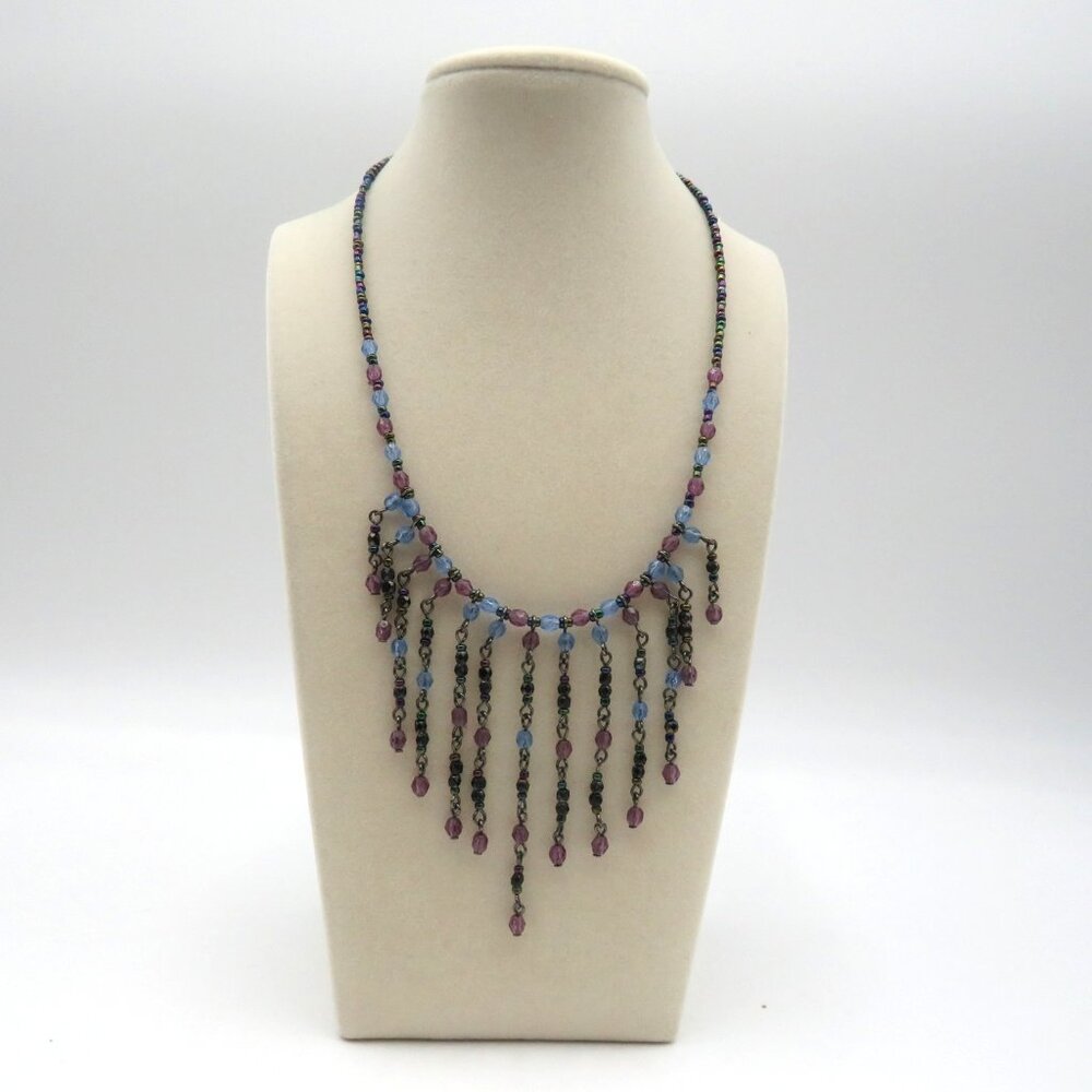 Handmade Boho Beaded Fringe Necklace 15" Lucite Beads Adjustable Chain Statement
